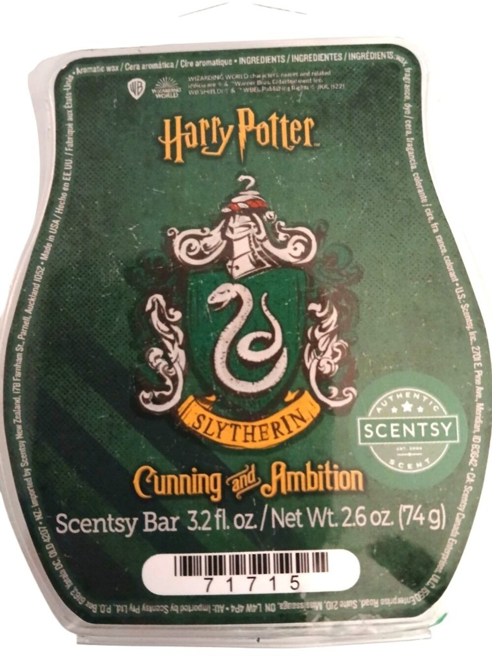 Scentsy Bar Harry Potter Slytherin Cunning & Ambition Net Wt 2.6 Oz Wax USA